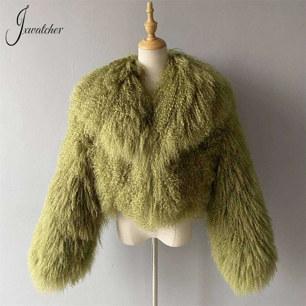 Jxwatcher Mongolian Women Big Turn-Down Collar Short Real Fur Coat Winter Ladies Fashion Warm Fluffy Jacket Female Fall