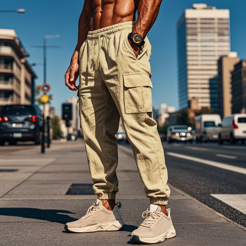 sweatpants Men's Athletic Long Pants Beach Pants Linen Pants High-Quality Pants Closed-Fly Drawstring Cotton-Linen Straight-Leg Ankle-Tie Pants E