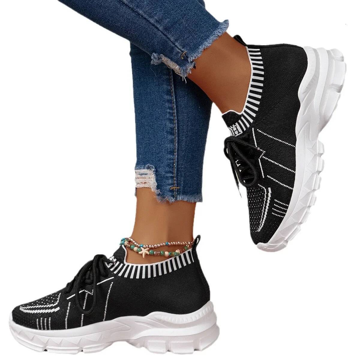 ddmyoutdoor Sneakers Women Mesh Elastic Fly Knit Thick Soft Sole Shoes Ladies Casual Breathable Lace Up Sports Zapatos De Mujer Summer Outdoor Outdoor