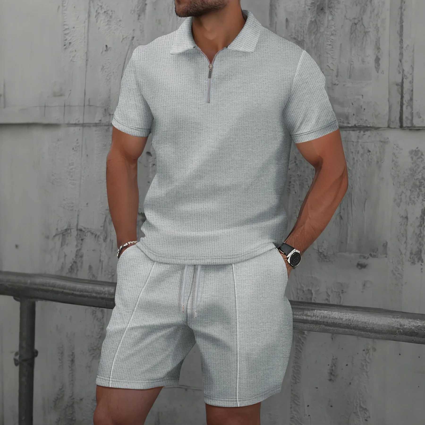 Waffle Trend Lapel Polo Mens Summer New Set Short Sleeved T-shirt Casual Shorts Sports Two-piece Set Popular Casual Set W250609