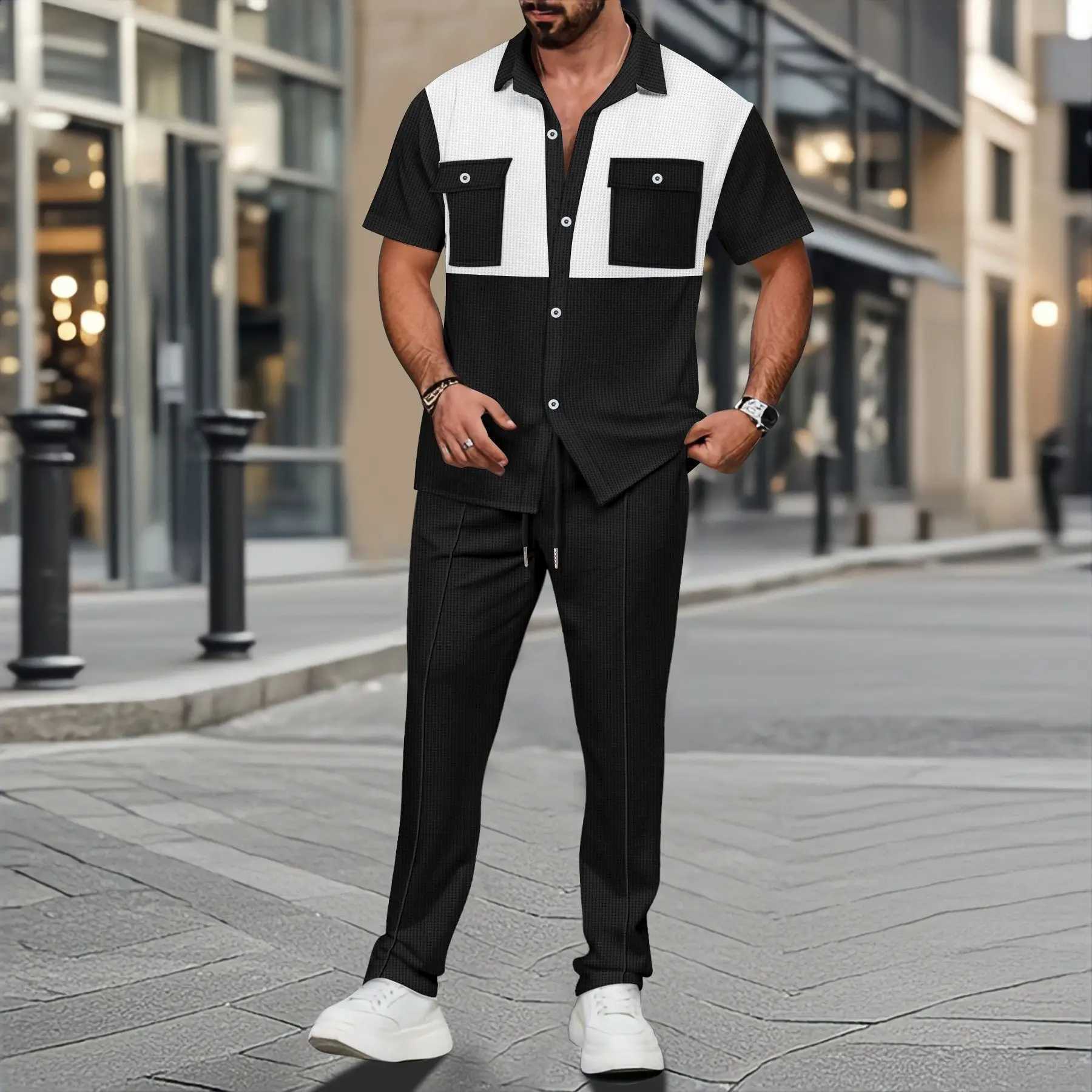 2025 Summer New Men Light Ripe Casual Solid Color Button Pocket Fashion Waffle Trend Shirt Short-Sleeved Trousers Two-Piece Set W250609