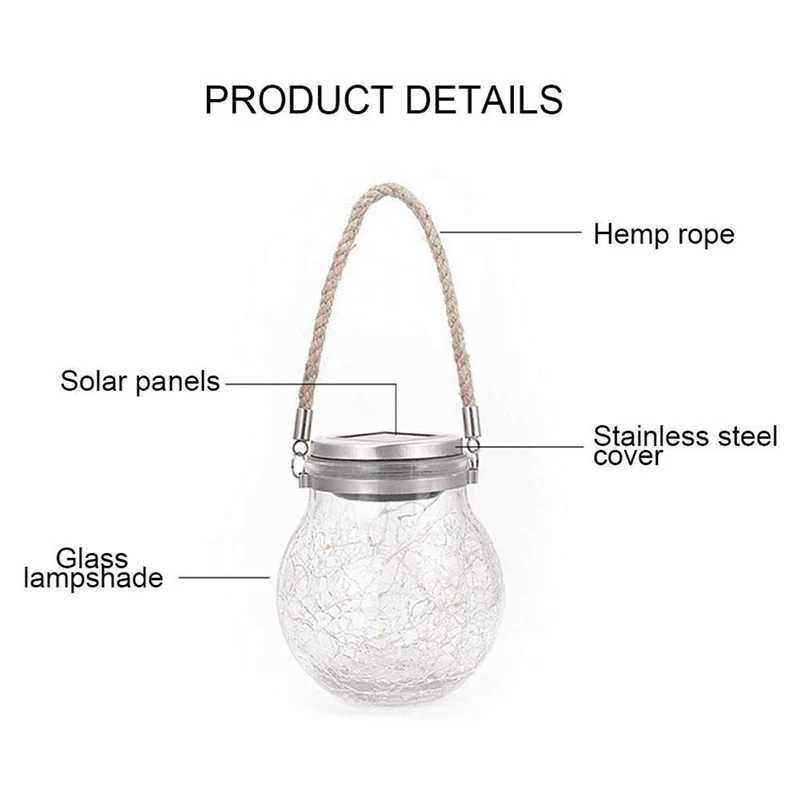Solar Cracked Glass Jar Lamp IP65 Waterproof 30LED Warm White Colorful Lights Outdoor String Lights for Garden Patio Yard Tree W250607