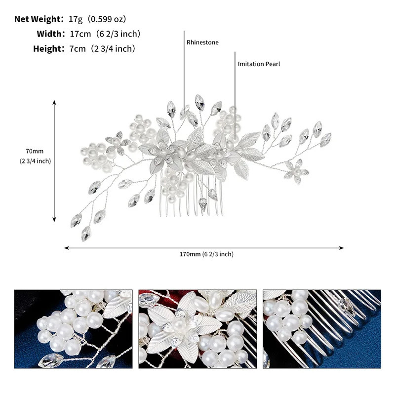 Silver Alloy Hair Comb Handmade Pearls Rhinestones Fashion Metal Headpiece Elegant Hair Jewellery Accessory For Women 250529
