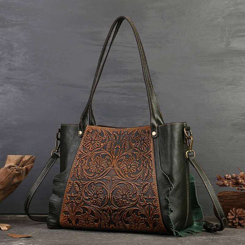 MOTAORA New Retro Casual Handbag Women's Genuine Leather Shoulder Tote Female Handmade Emed Cowhide Crossbody Bucket Bag