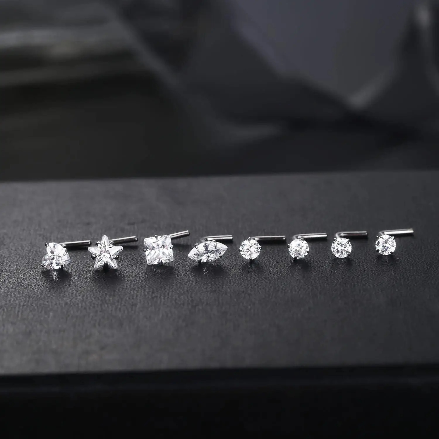 Fansilver 8Pcs S925Sterling Silver Nose Rings Studs for Women Men Star Marquise Heart Square Round Shaped L Shape Nose Ring 250605