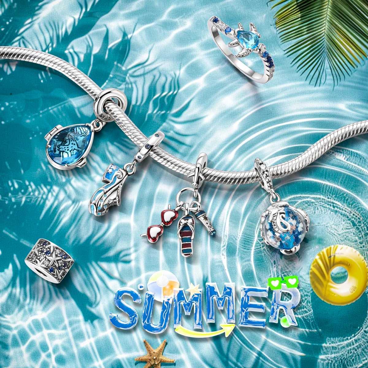 New Summer 925 Sterling Silver Charms Beads Pendants Ocean Turtle Beach Fruit Shell Blue Charm DIY Women Bracelet Jewelry Gift XJ250607