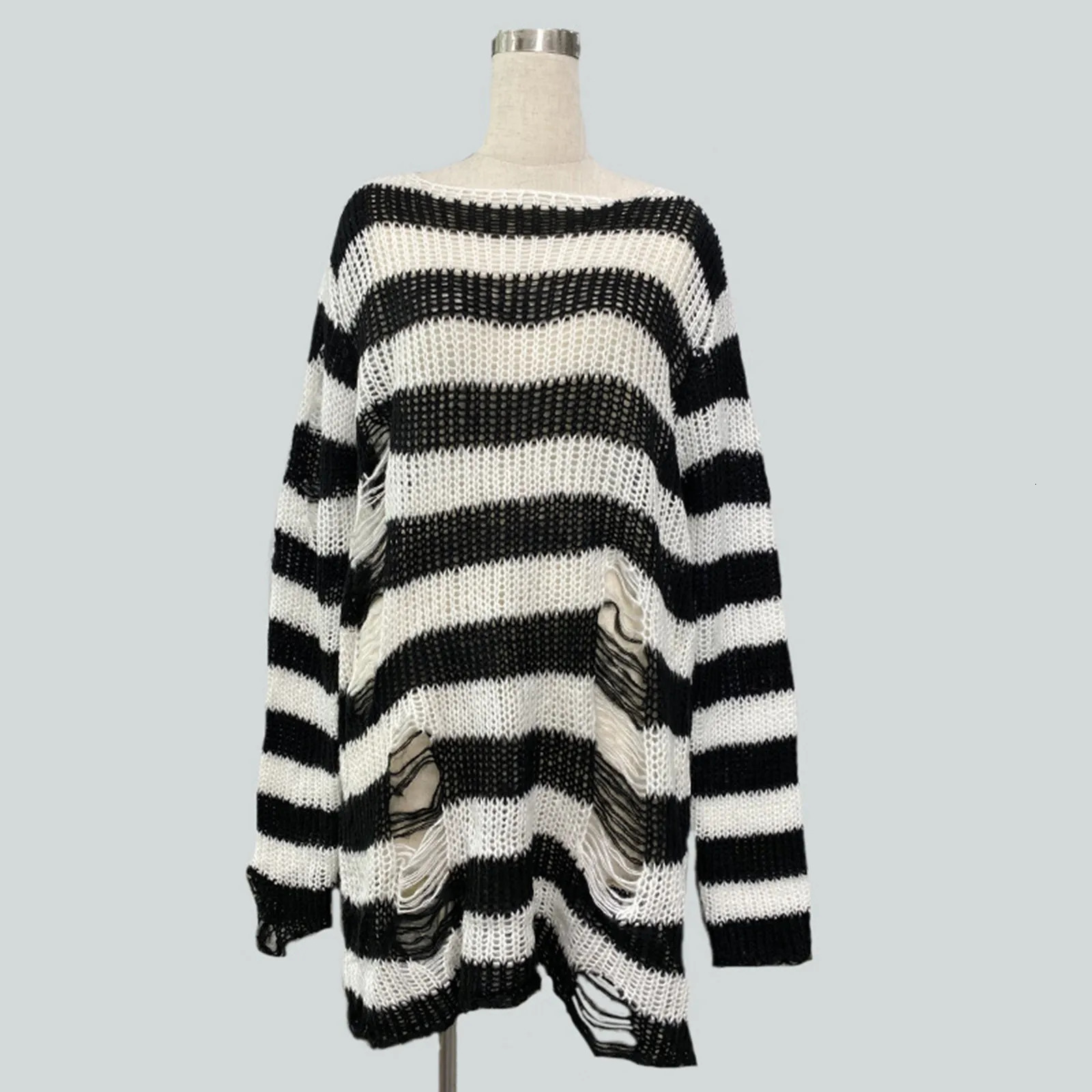 Loose Oversized Striped Sweater For Women Mid Length Pullover With Holes Lightweight Knitwear Black Red Stripe Gothic 250530