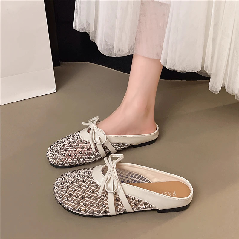 Summer Rhinestone Mary Jane Baotou Slippers Womens Summer Outward Wear Round Toe Shallow Mouth Bow Half Slippers 250603