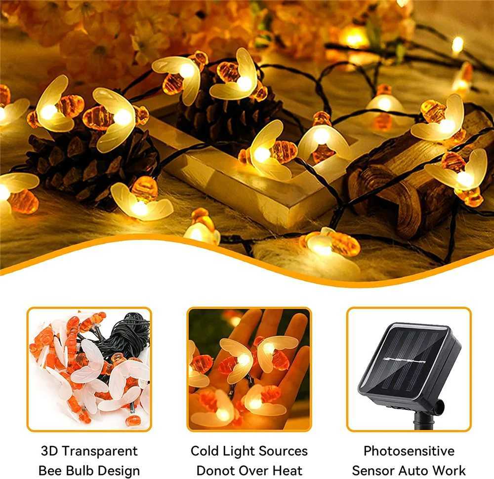 Solar String Light 20 LED Cute Bee Outdoor Light Wedding Home Garden Patio Party Christmas Tree Honeybee Starry Fairy Decor Lamp W250607