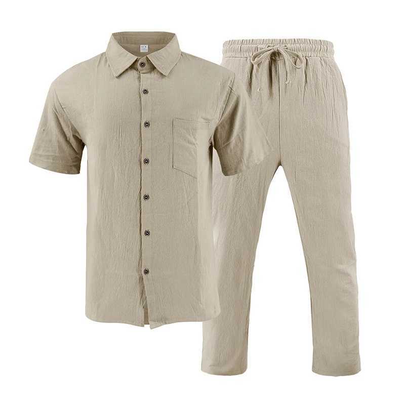 Summer New Casual Mens Linen Outfits Vacation Leisure Solid Color Two Piece Suits Men Fashion Short Sleeve Shirt And Pants Sets W250609