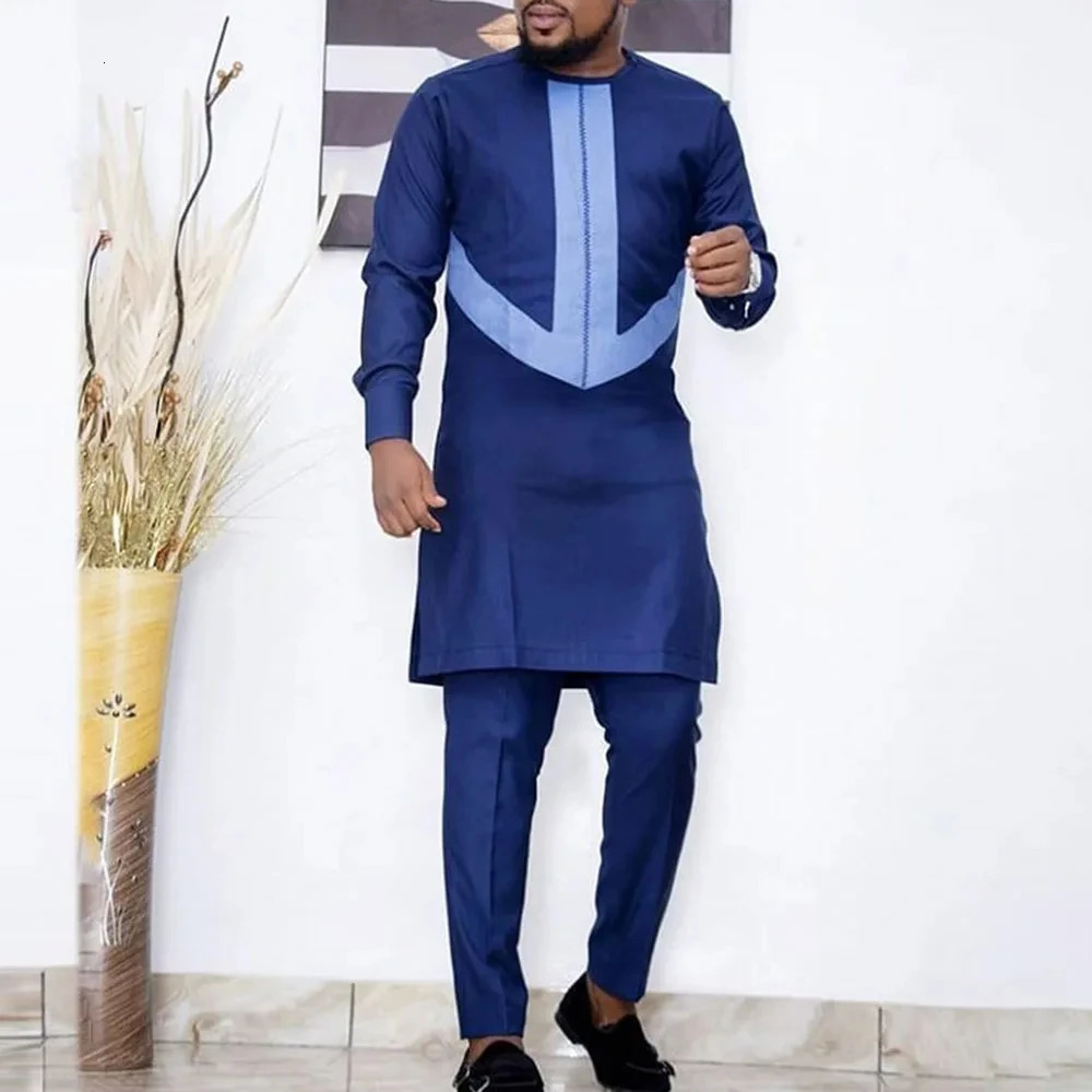 In African Summer Business Mens Short Sleeve Suit Embroidery Dashiki Shirt Pants Sets 2 Pieces Outfits Wedding Party 2025 250528