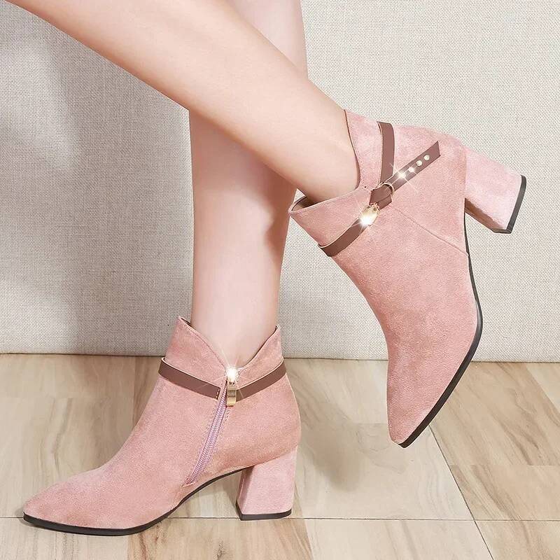 Ddmyoutdoor Fashion Women Casual Leather Low High Heels Spring Shoes Woman Pointed Toe Rubber Ankle Boots Black Red Zapatos Mujer Outdoor Shoes