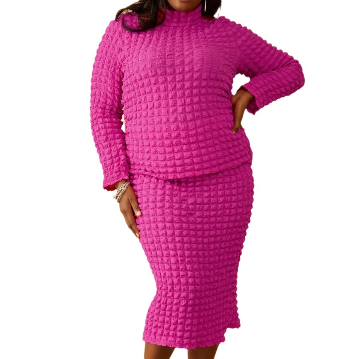 New Large Long Sleeve Round Neck Bubble Cloth Two Piece Set
