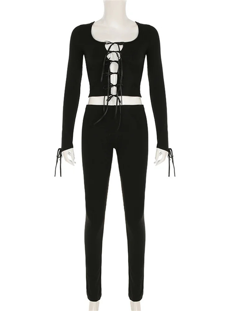 Weird Puss Bow Lace-Up 2 Piece Set Women Square Collar Hollow Full Sleeve Crop Tops Skinny Pants Matching tie Hipster Suits 250605
