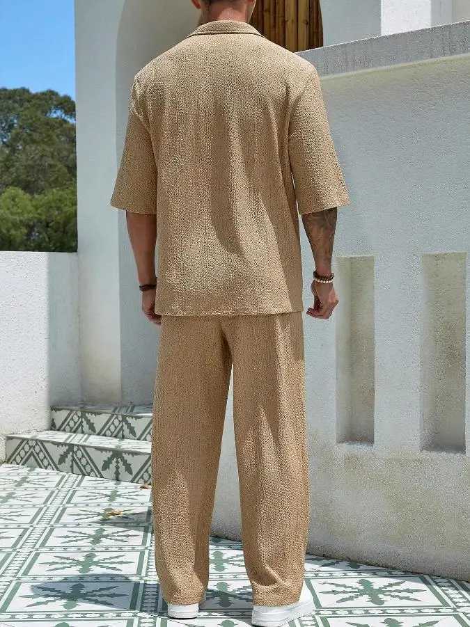 Summer Mens Set Half Sleeved Shirt and Long Pants Two-piece Turn-down V-neck Casual Streetwear Holiday Loose Suit Hot Sales W250609