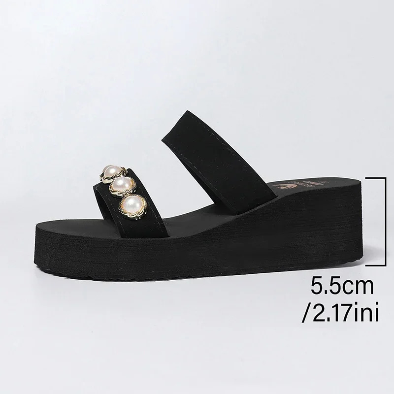 Pearls Womens Wedge Slippers Summer 2025 Chunky Platform Slip On Sandals Women Beach Casual Heels Slides Flip Flops 42 250603
