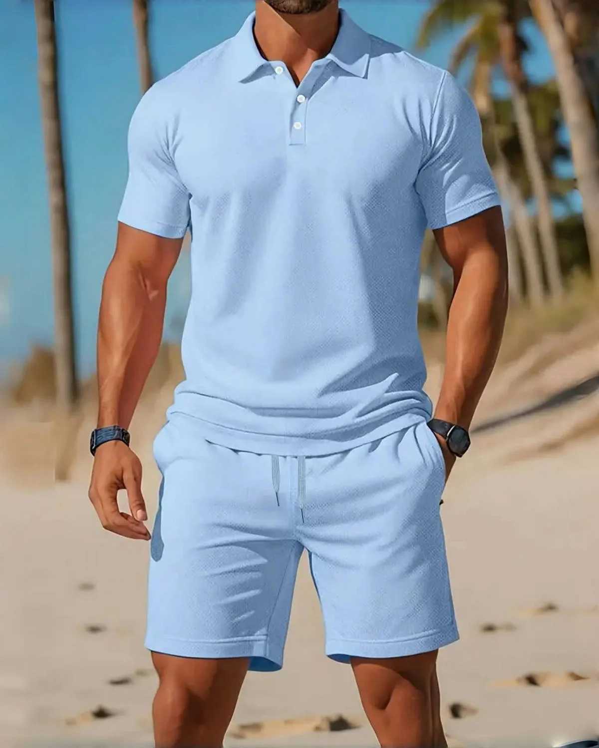 Mens Business Casual Beach Sports Two-piece Set Drawstring Elastic Waist Sports Shorts Set Button Access Control Lapel Top W250609