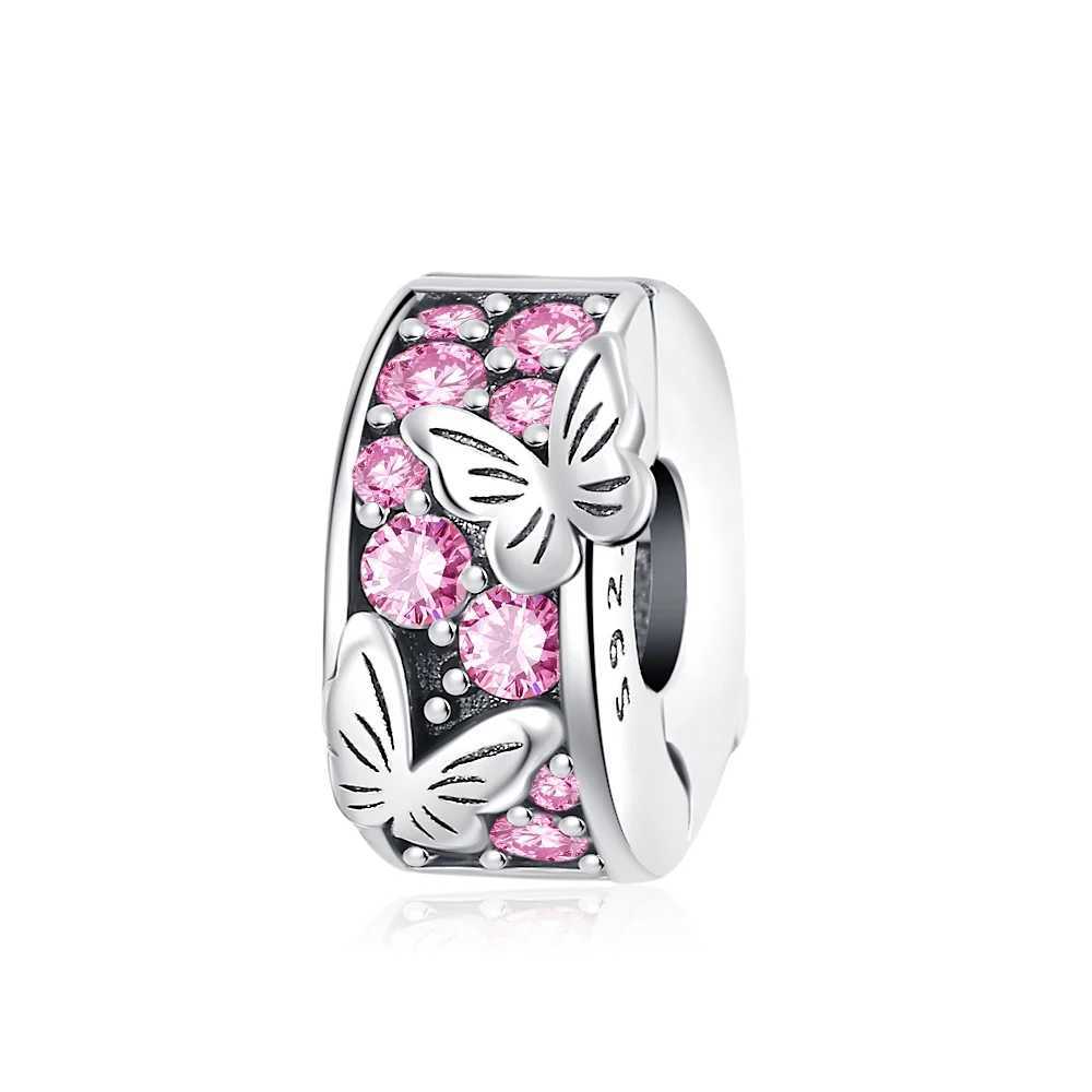 Blue Pink Butterfly Charms Clamp Beads safety chain 925 Silver Pendant Fit Original Bracelet Women DIY Accories Jewelry GiftXJ250607