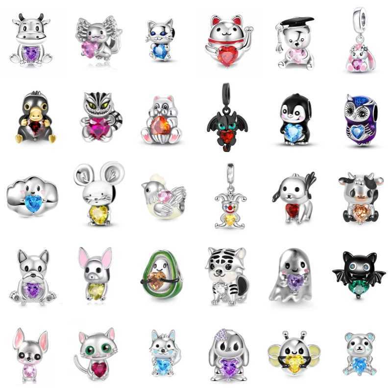 Fine 925 Silver Fit Original Bracelet DIY Women Jewelry Gift Cute Shining Heart Zircon Animal Charms Penguin Cat Frog Beads XJ250607