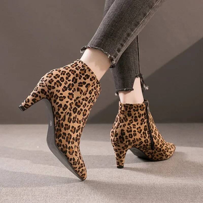 Ddmyoutdoor High Heels Ankle Plus Size Leopard Women Boots Retro Pointed Ladies Shoes Side Zipper Booties Botas De Mujer Outdoor Shoes