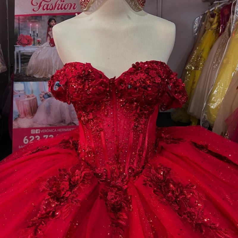 Red Shiny Quinceanera Dresses Ball Gown Off The Shoulder Applique Flower Beads Tull Sweet 16 Dress Vestidos 15 De Anos