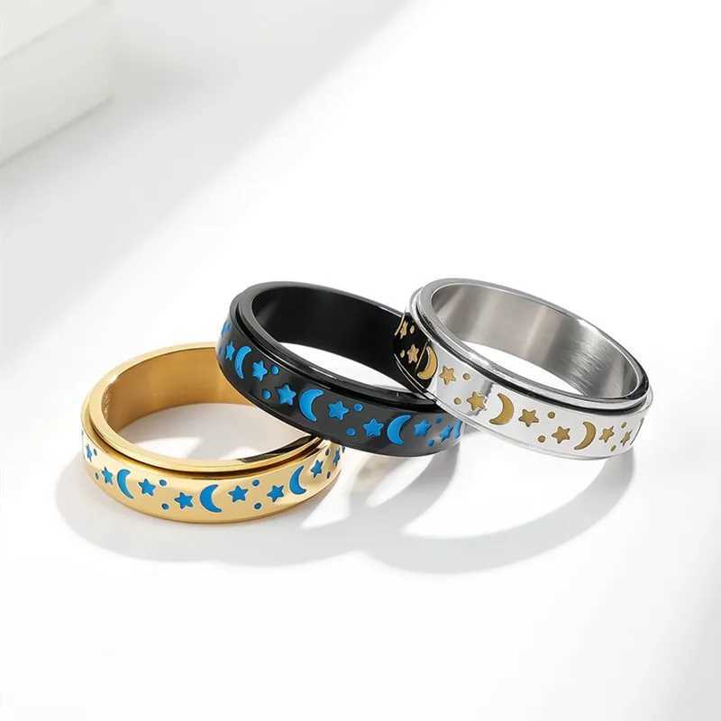 6mm Stainless Steel Glow in the Dark Moon Star Spinner Ring for Women Men Size 4-12 W250606