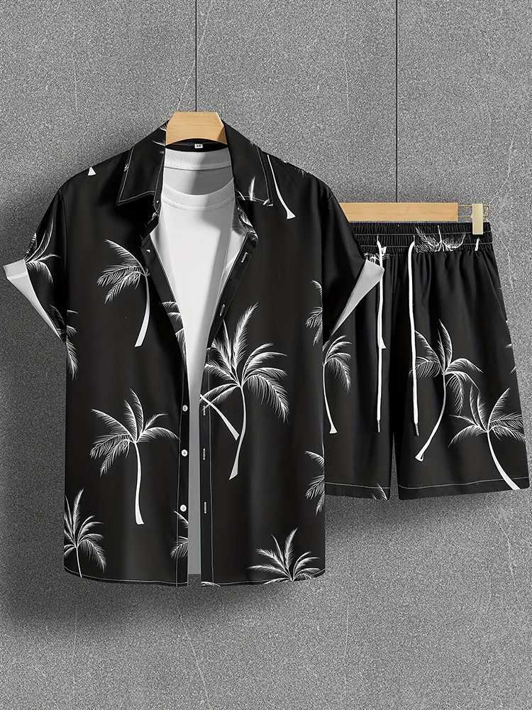 Coconut Tree Print Mens Short Sleeve Shirt And Beach Shorts Set Summer Everyday Mens Casual Shirt Hawaiian Style Mens Shorts W250609