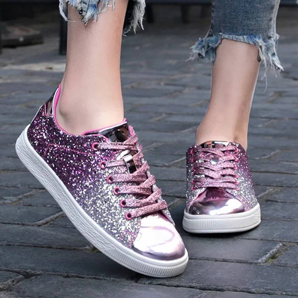 Ddmyoutdoor Spring New Shiny Lace Up Sport Sneakers Large Sized Outdoor Running Walking Casual Sequin Shoes Outdoor Shoes