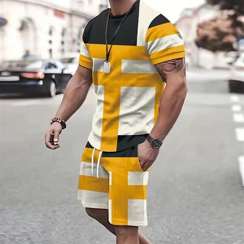 2024 Fashion Mens Sportswear 3D Patchwork Print T-shirt Shorts 2Pcs Sets Summer Casual Short Sleeve Crew-Neck Tracksuit Outfits W250609