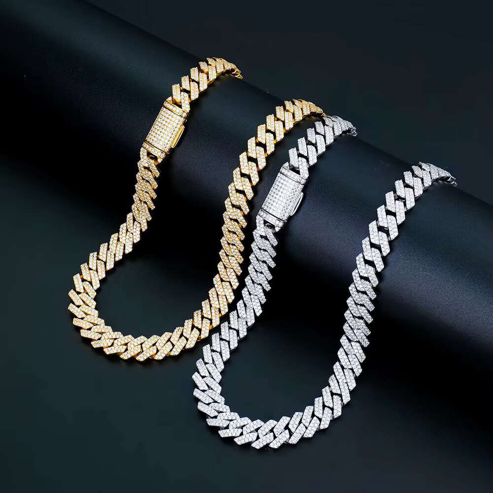 2 Rows Moissanite 10mm Width Cuban Necklace Hip Hop 18k White/Yellow Gold Plated Full Iced Out Miami Cuban Link Chain