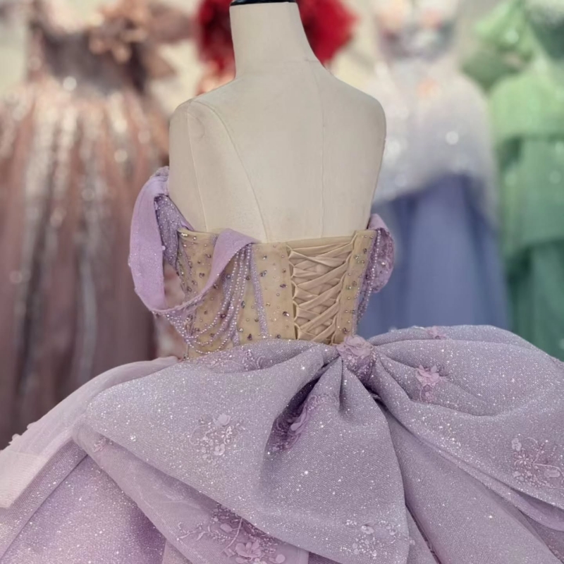 Lilac Shiny Off The Shoulder Ball Gown Quinceanera Dresses Appliques Lace Beading Bow Tull Sweet 16 Dress vestidos 15 Anos