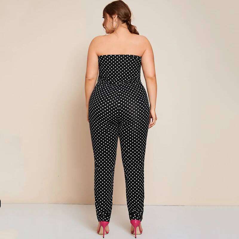 Plus Size Dot Printed Strapless Tube Women Sexy Slash Neck Pocket Sides Summer Spring Elegant Fashion Jumpsuits 6XL