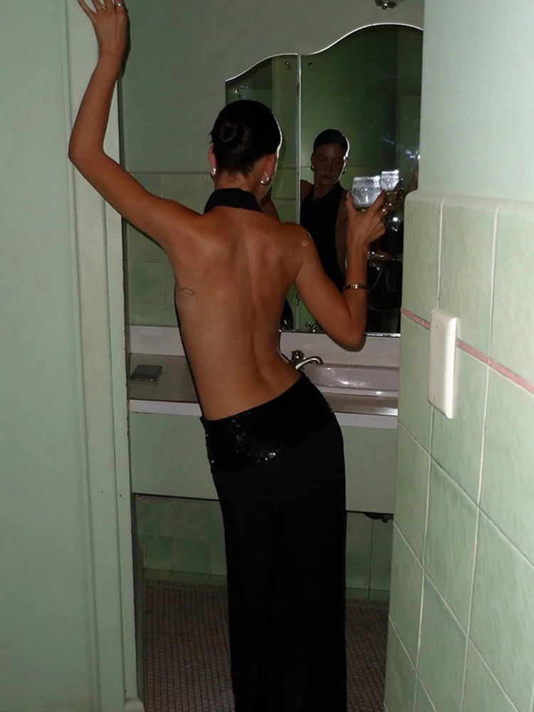 kliou Backless Fashion Women Dresses Elegant Halter Patchwork Draped Maxi Bodycon Female Solid Simple Evening Party Frock 250605