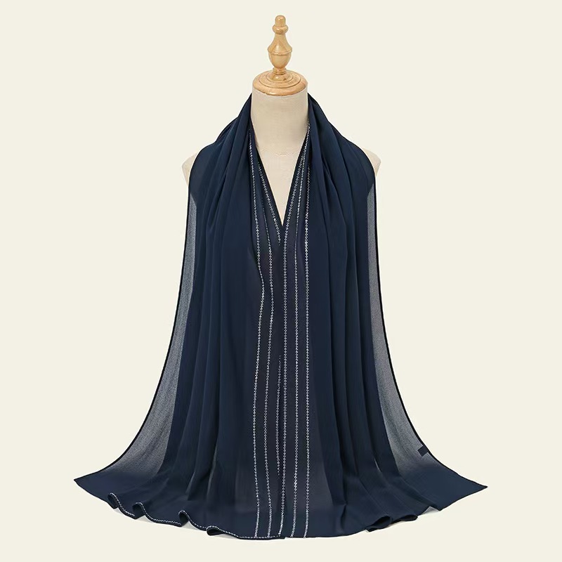 T904 New solid color hot diamond chain shape pearl chiffon long scarf for women hot sale popular ethnic headscarf scarf