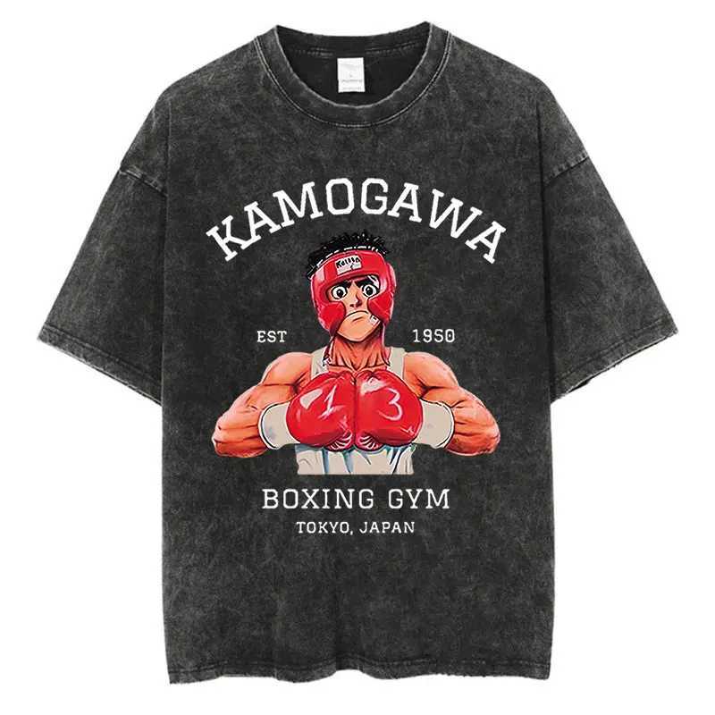 Vintage Cotton Washed T-Shirt Anime Hajime No Ippo Kamogawa Boxing Gym Loose T Shirts Men Women Y2K Hip Hop Summer Top T X250607