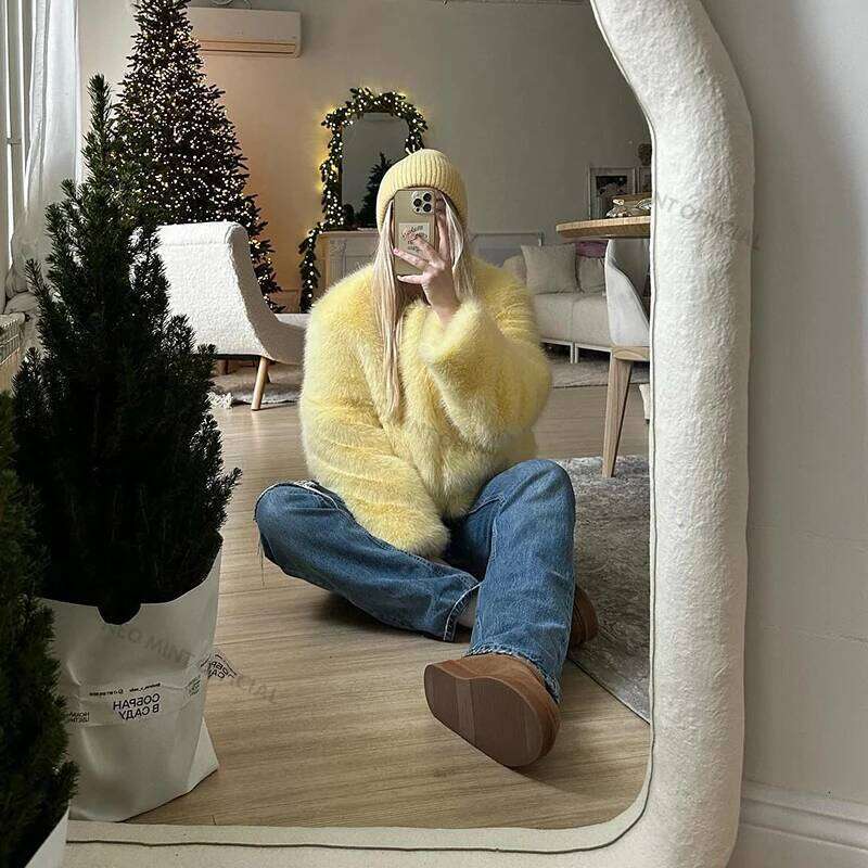 Neo Mint Cool Street Girls Winter Fashion Fluffy Fox Jacket Women Casual Round Neck Faux Fur Coat Chic Thick Warm Outerwear