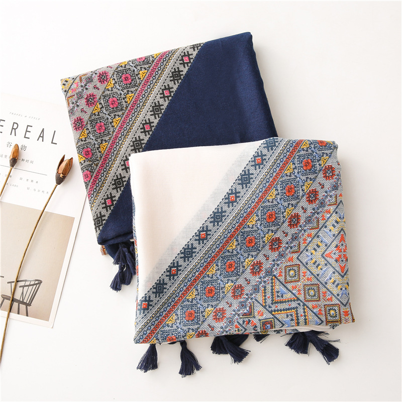 K948 Korean women's new diamond plaid literary style square printed cotton and linen soft long silk scarf sunshade shawl