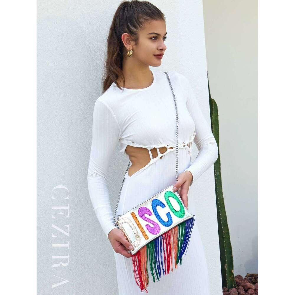 CR Metallic PU Leather Clutch Bag For Women Fashion Sequined Letters Colorful Fringe Square Long Chain Cross Body Handbag