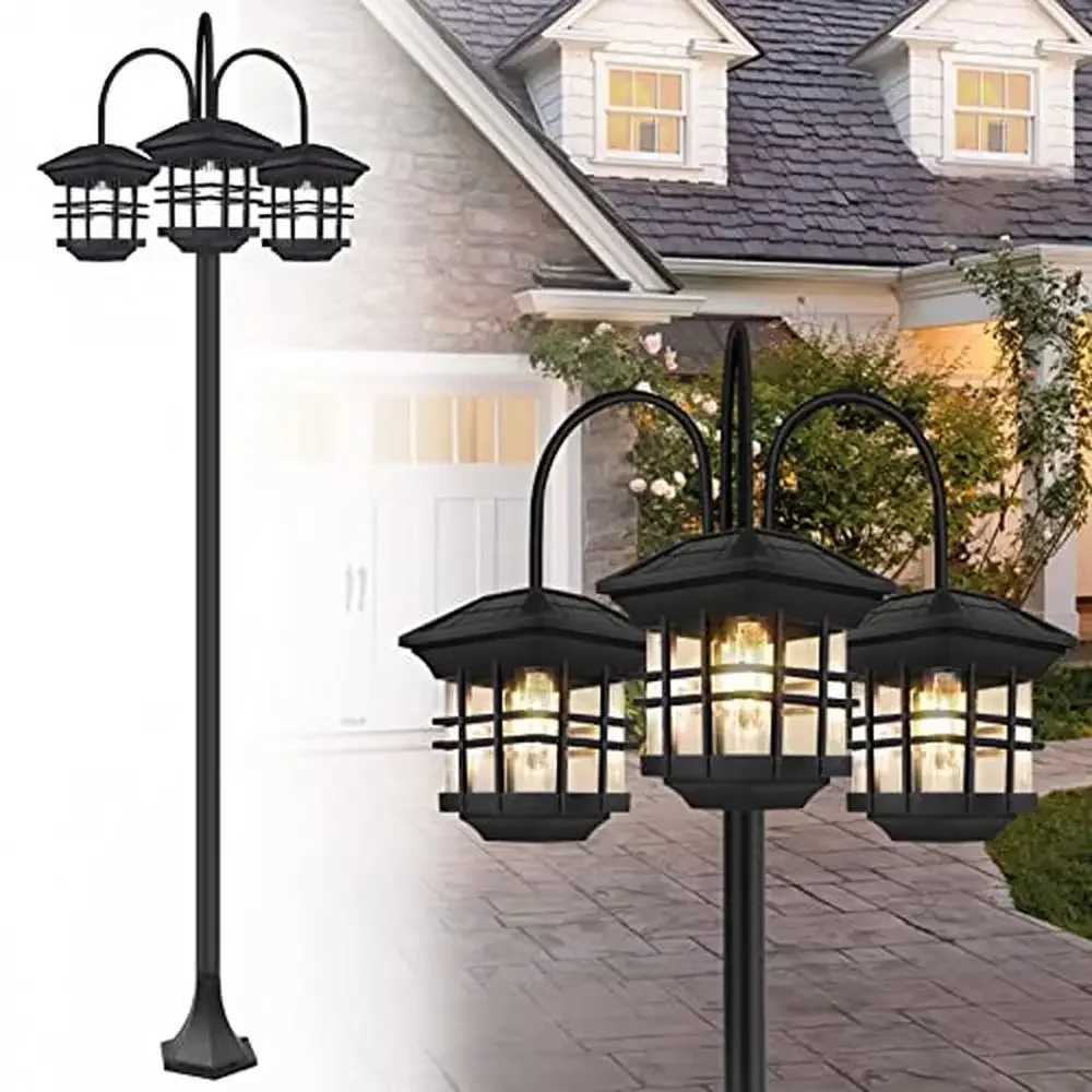 3-Head Solar Street Light Aluminium Waterproof Outdoor Lamp Post Energy-Efficient Garden Lighting Automatic Dusk to Dawn Black W250607