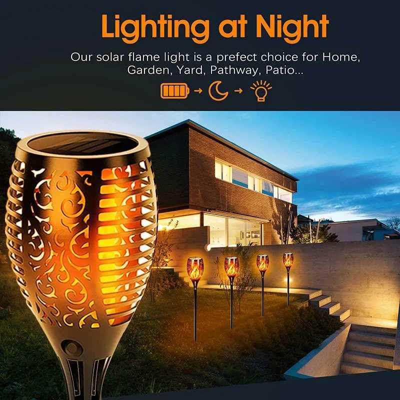 12/33/96LEDs Solar Flame Torch Light Flickering Light Waterproof Garden Decoration Outdoor Lawn Path Yard Patio Floor Lamp XJ250606
