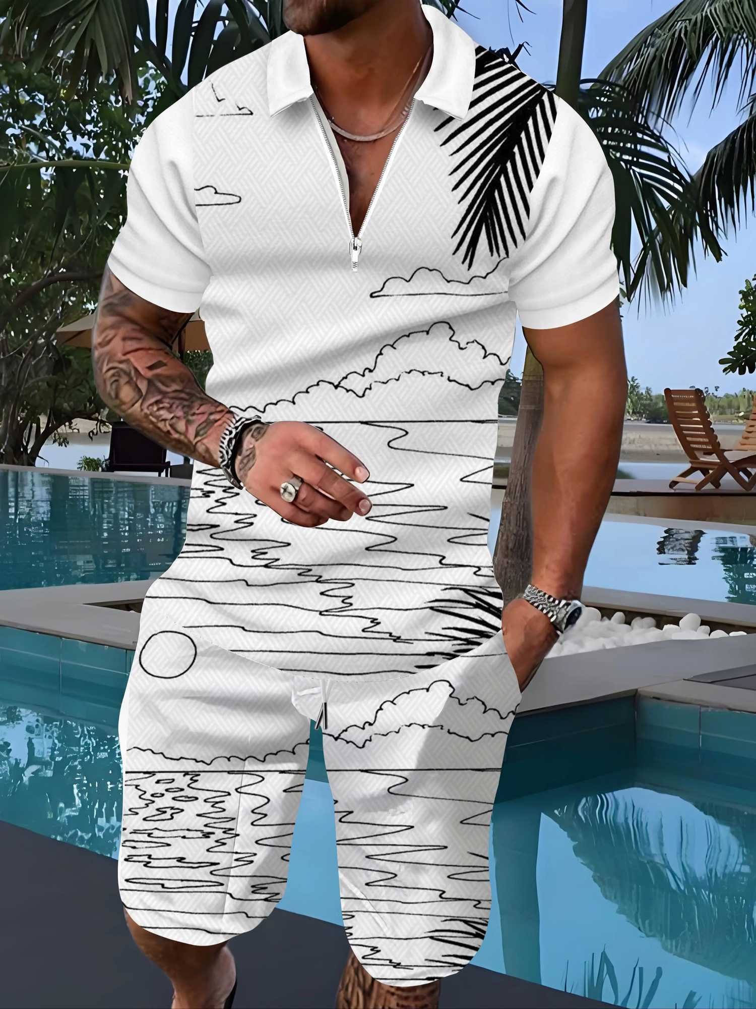 Mens Casual Two Piece Set Pineapple Palm Tree Pattern Summer Holiday Travel Zipper Polo Shirt And Shorts Outfit Breathable Suit W250609