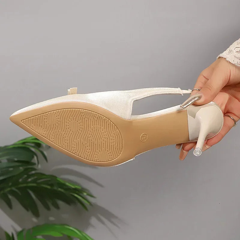 Elegant Silk High Heels Pumps for Women Autumn Bowtie Decor Thin Heeled Ladies Shoes Pointed Toe Slingbacks Party Shoes 250605