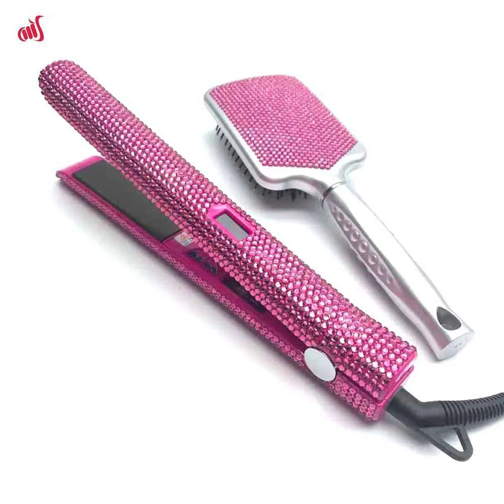 Straightener Iron & Paddle Rhinestone Flat Iron& Massage Brush Kit Planchas Para El Cabello& Cepillo Set