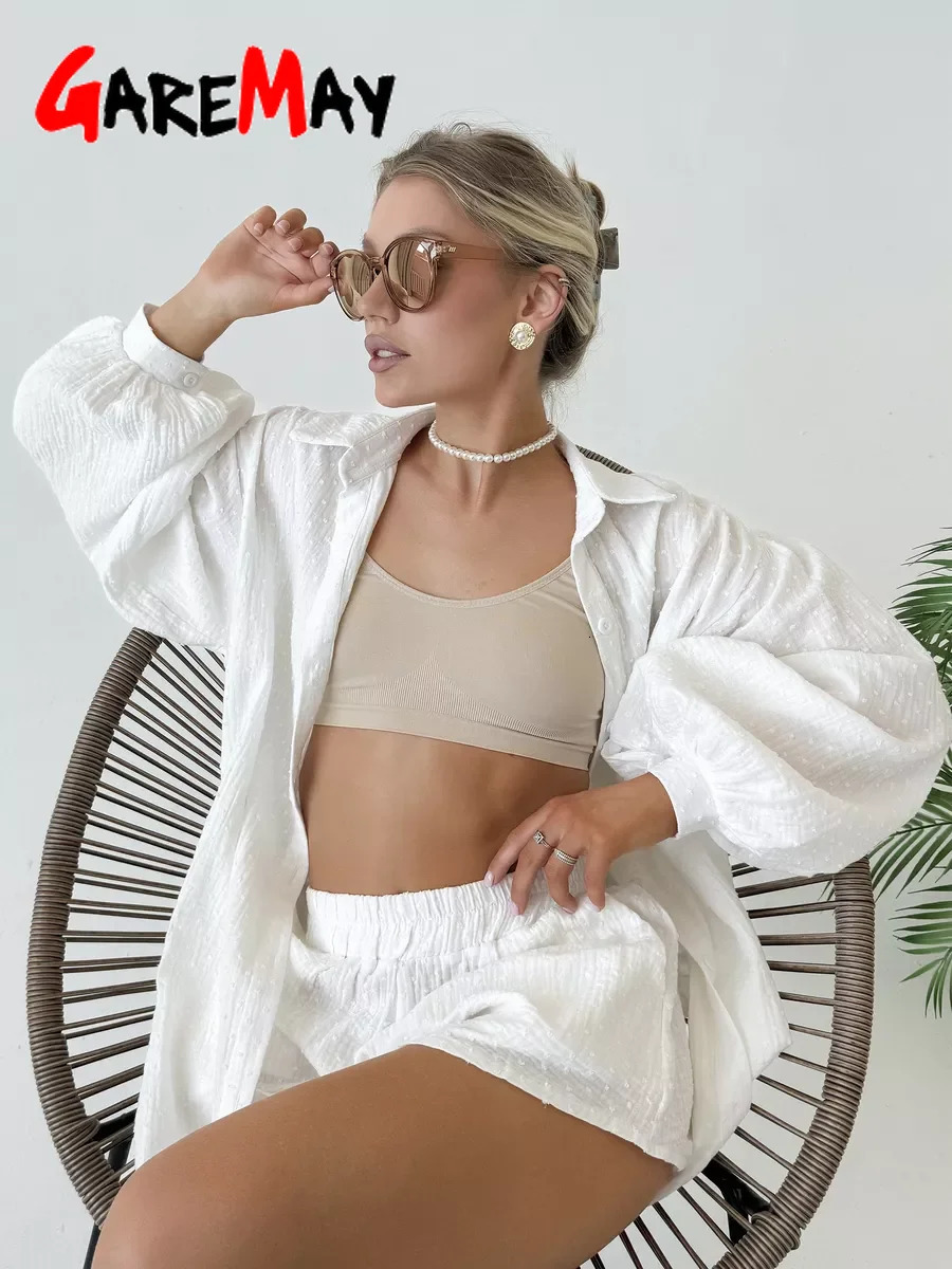 Womens Summer Suit with Shorts and A Shirt White Cotton 100% Two-piece Suit Female Long Sleeve Oversize Muslin Suit for Women 250605