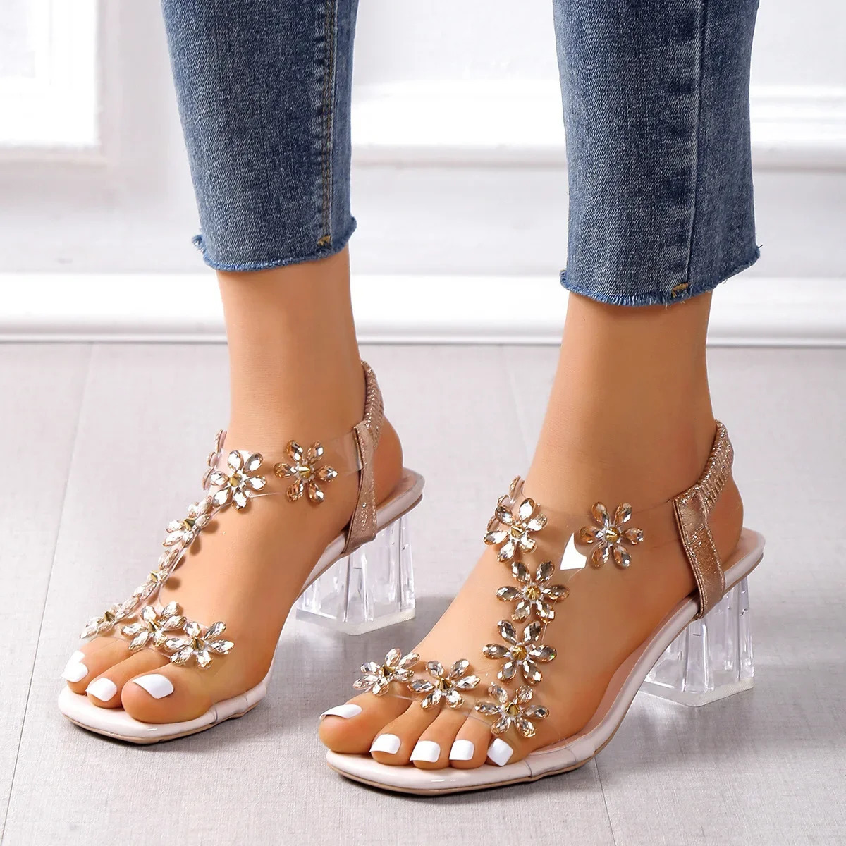 Women;s Sandals Pvc Crystal Flower Shoes for Women Decoration Chunky Heel Sandals Ladies Back Strap Fashion Shoes Female2024 250605