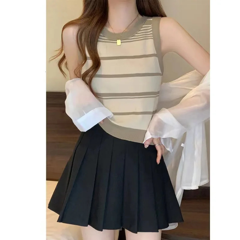 Casual Womens Striped Knitting Sleeveless tanks with Contrasting Gown Tops PinkBlack and White 250527