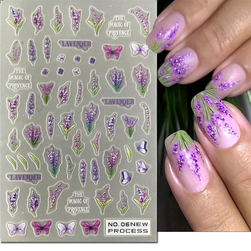 3d Nail Art Ultrathin Stickers Purple Butterflys Bunch Lavenders Flowers Adhesive Slider Decals Decoration Manicure Beauty 250605
