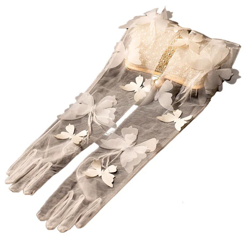 Stock Princes Wedding Gloves Full Finger Butterfly Feather Elbow Length Bridal Acccessory guantes largos mujer 250603