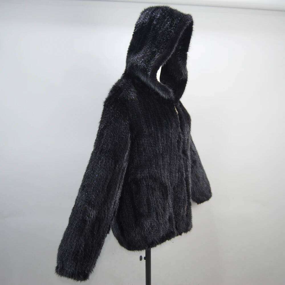 2025 New Women Mink Fur Coat Long-Sleeve Hooded Casual Fashion All-match Zipper Knitted Outerwear Jacket Custom Plus Size