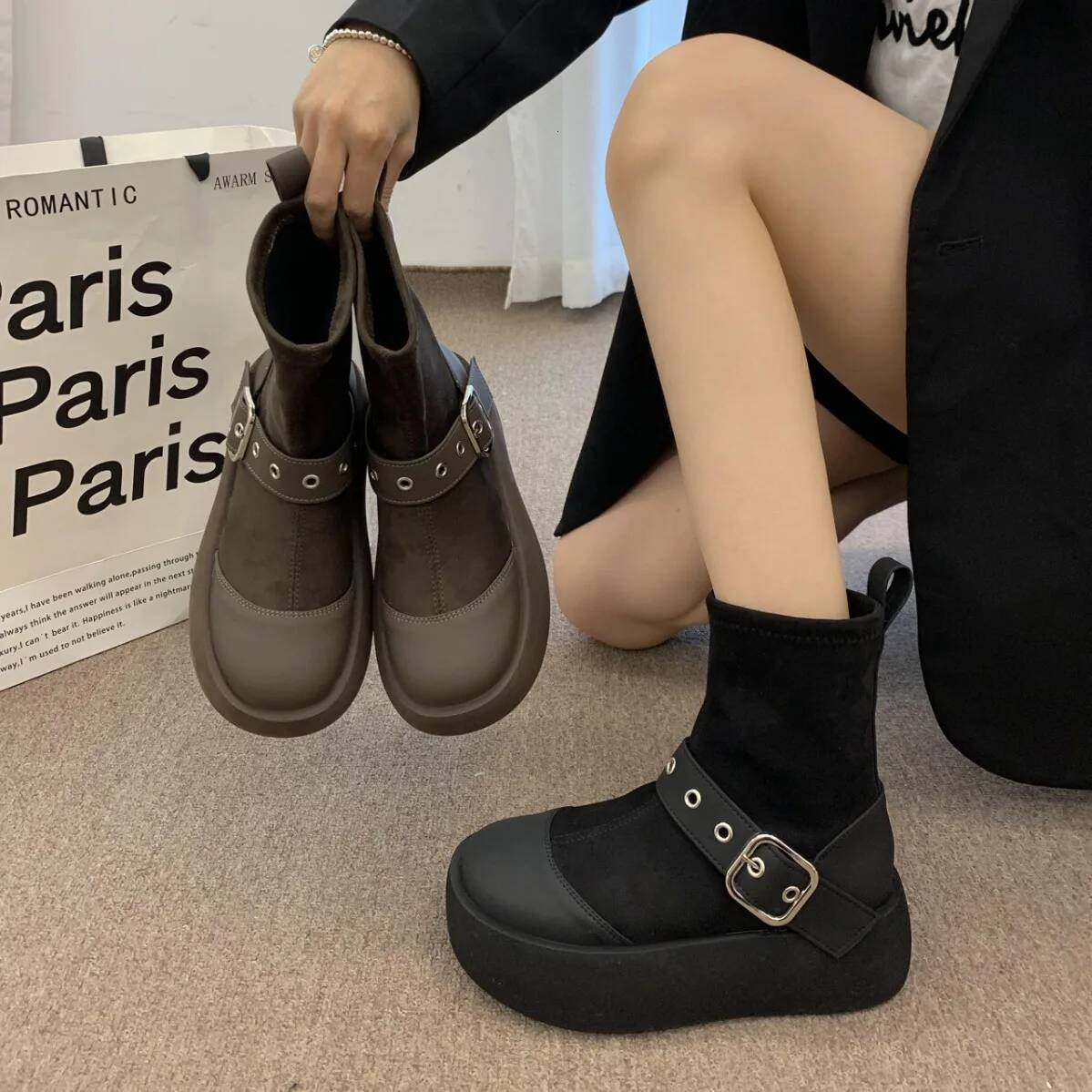 Ddmyoutdoor Punk Heel Platform Women Chunky Heels Fashion Buckle Motorcycle Boots Woman Black White Thick Bottom Ankle Booties Outdoor Shoes